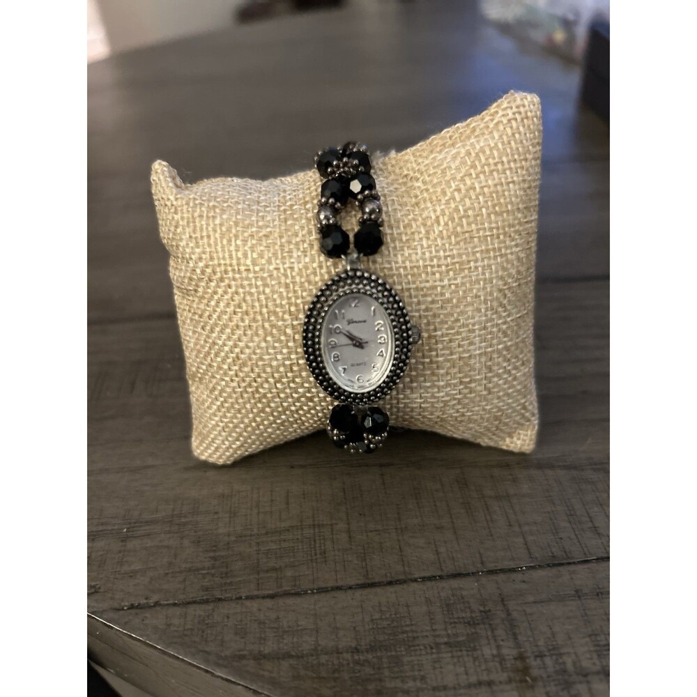 Vintage Geneva Quartz Black Beaded Bracelet Watch